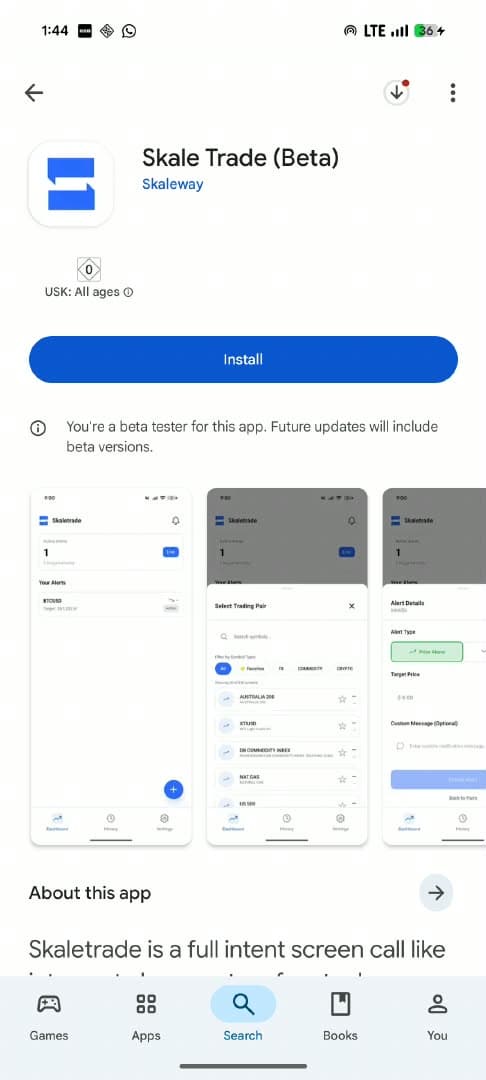 Skale Trade Play Store listing with the Install button