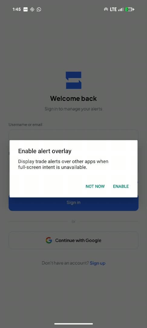 In-app dialog titled Enable alert overlay, with Enable and Not now actions