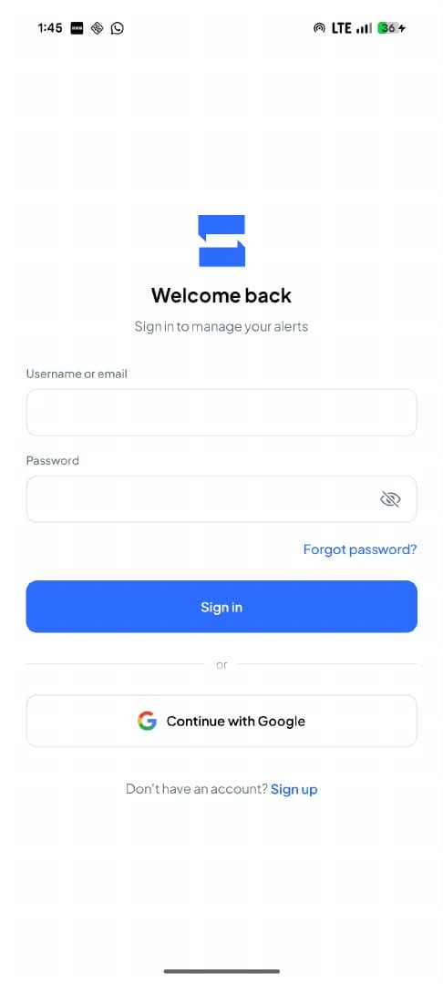 SkaleTrade sign-in screen with email, password, and Continue with Google