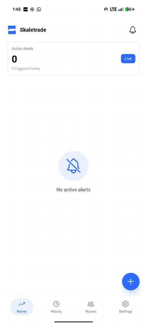 SkaleTrade home screen with zero active alerts and a plus button