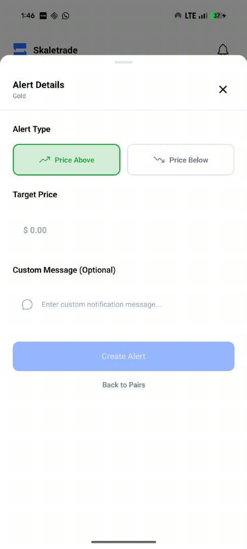 Alert Details sheet for Gold with Price Above selected and a target price field